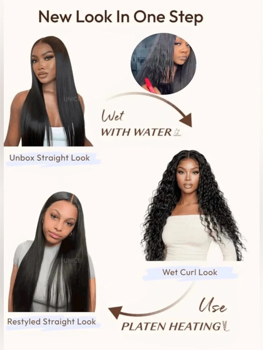 UNICE 2 in 1 Straight & Water Wave Human Hair 20 Inch Wig